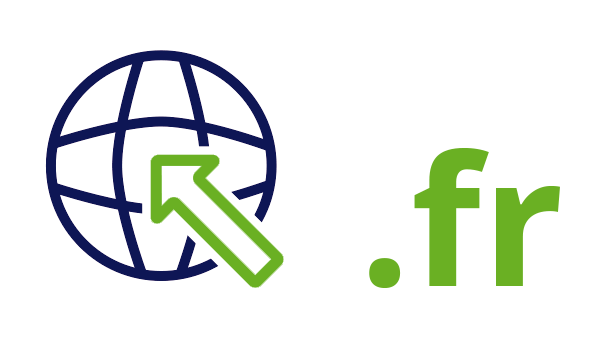 Internet landcode Frankrijk .fr - donkerblauwe open wereldbol - groene pijl - groene internetextensie op transparante achtergrond - 600 * 337 pixels 
